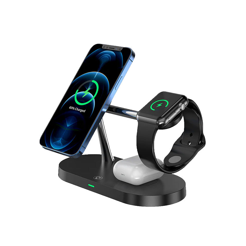 5-In-1 Magnetic Fast Wireless Charger Black side view with phone, watch and airPod  on charging