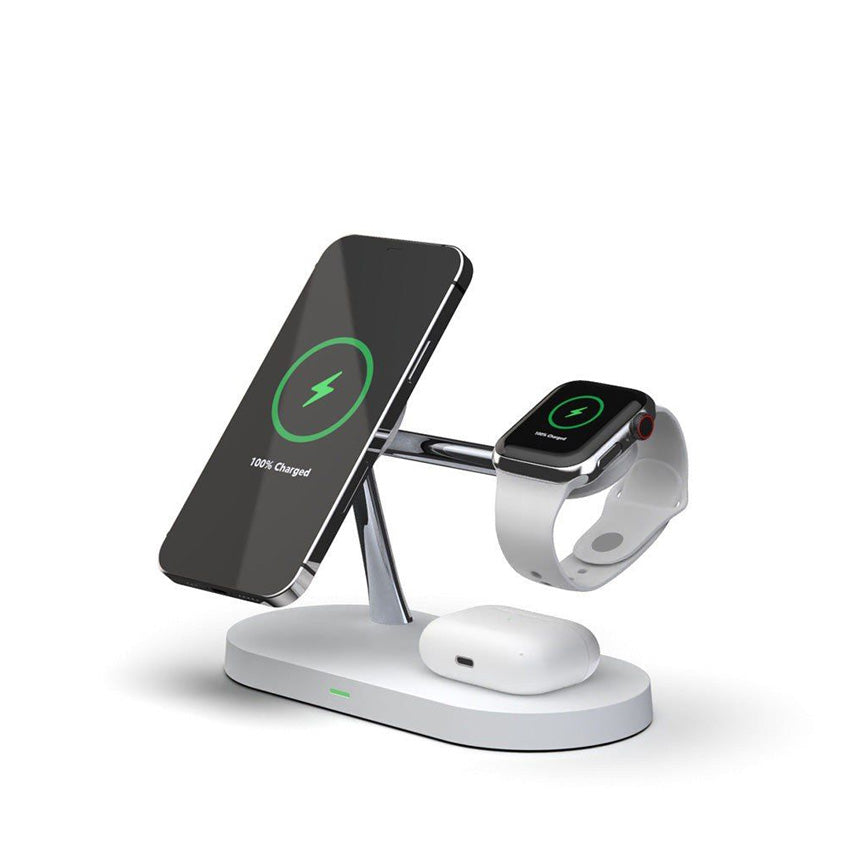 5-In-1 Magnetic Fast Wireless Charger white side view with phone, watch and airPod  on charging
